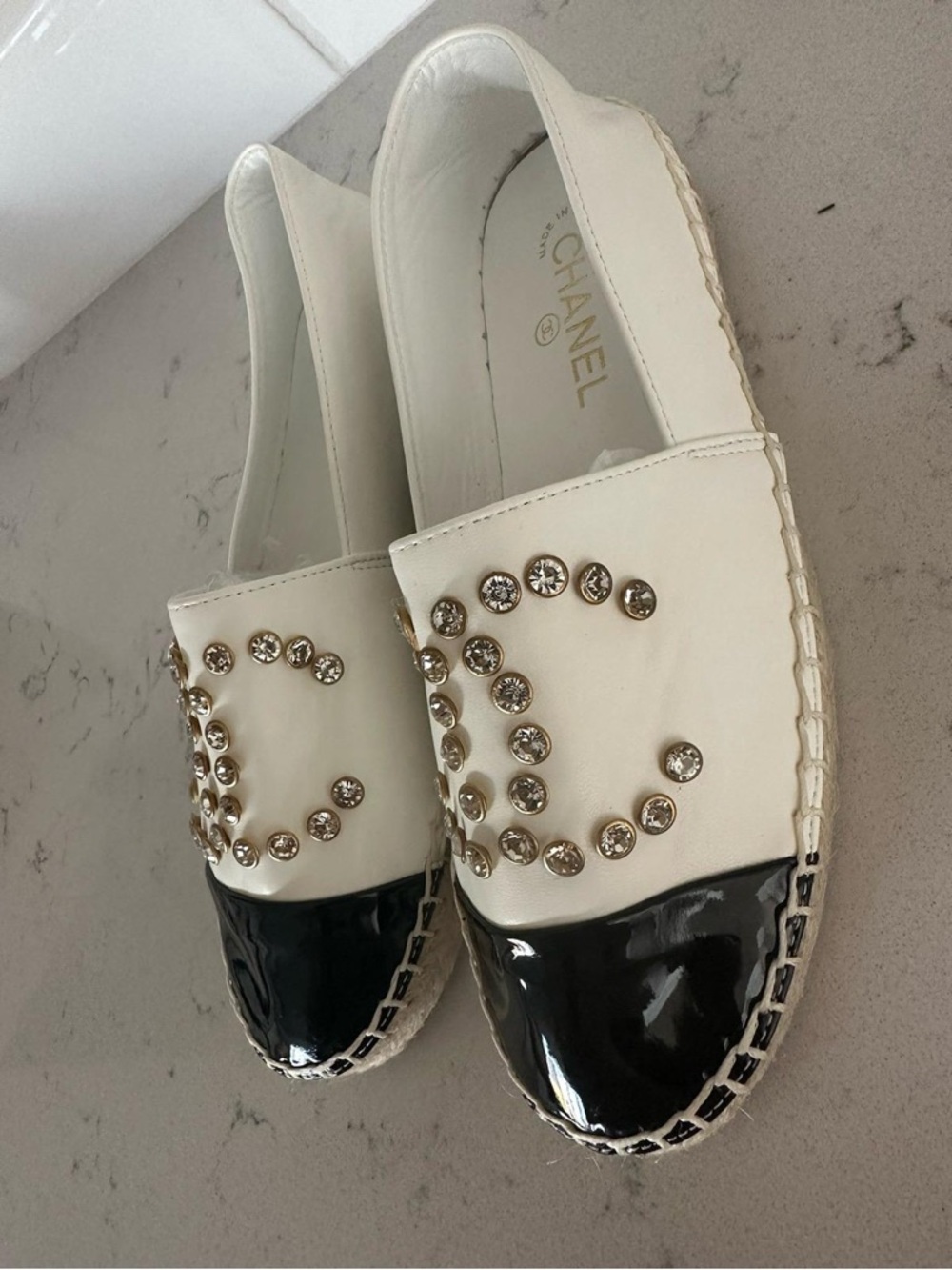 New  White Leather Espadrilles with Black Patent Cap Toe & Crystal CC Studs